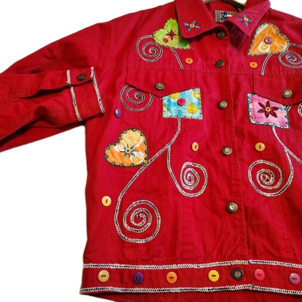 Vintage Applique Patchwork Jacket M Red Whimsical Wearable Art Statement Hearts
